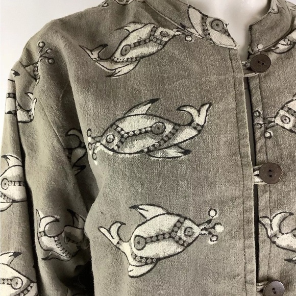 Sam Hilu Sz M Wearable Art Fish Print Jacket Brown 100% Cotton Button Front - Picture 2 of 7